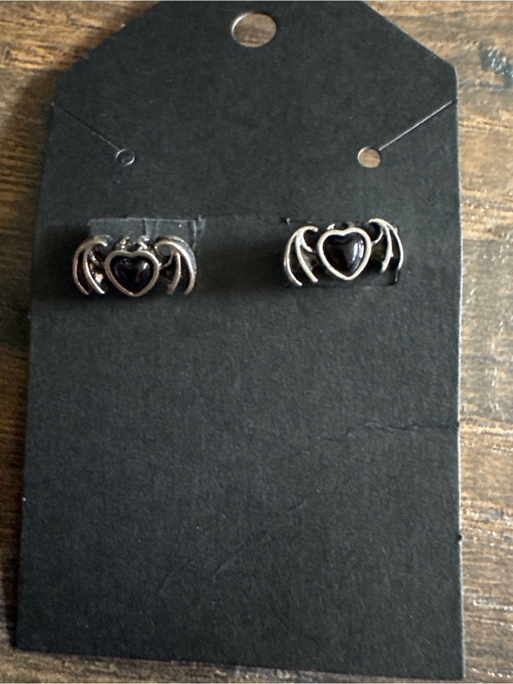 NEW Silver Heart Bat Wing Stud Earrings with Black Center